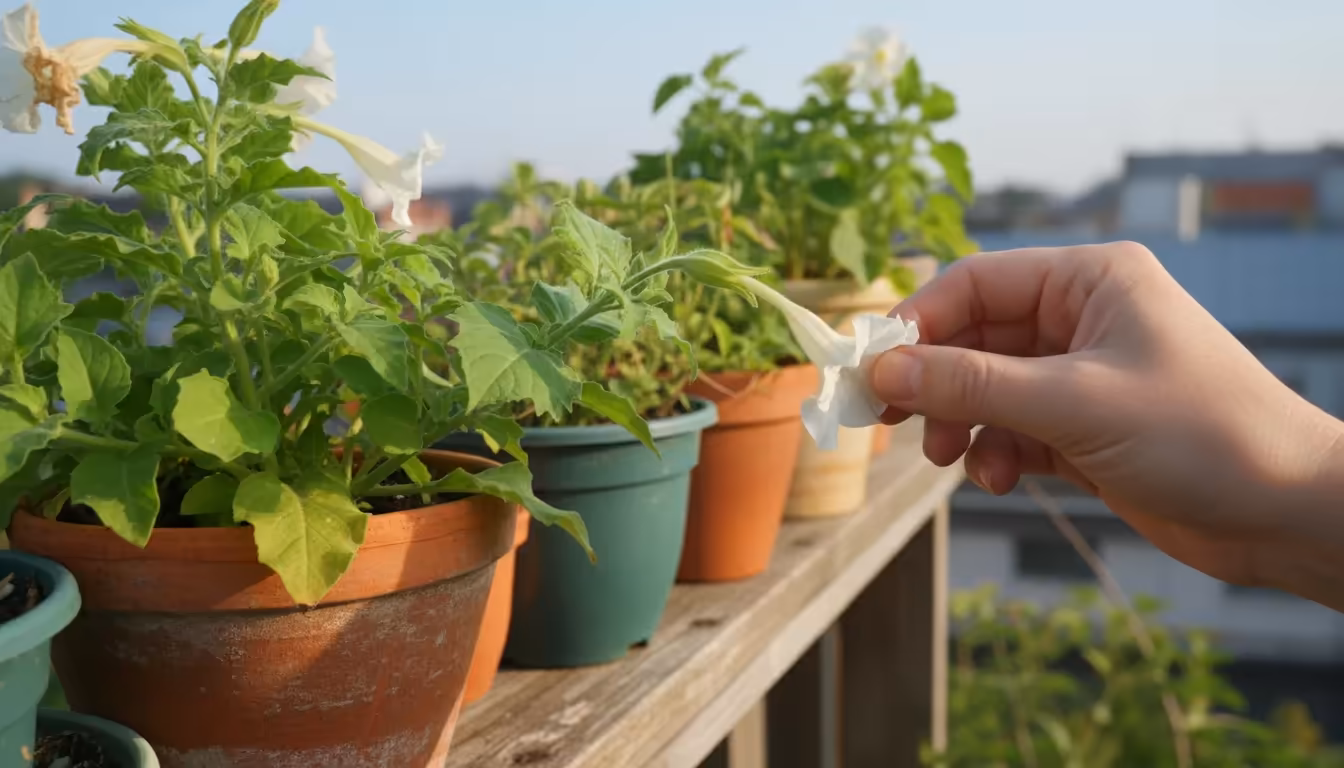 Person's hands deadheading a faded white Nicotiana flower from a terracotta pot on a balcony railing in morning light.