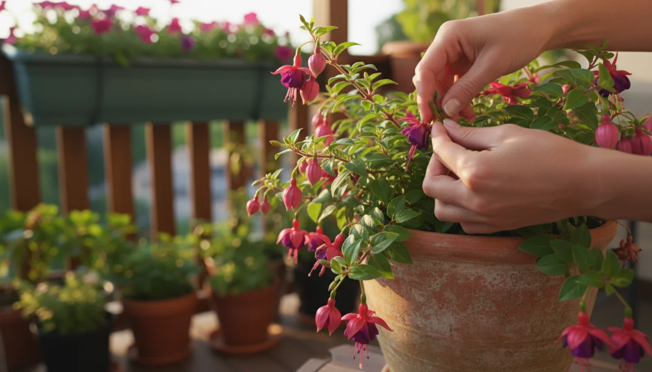 Person's hands gently deadheading a fuchsia plant in a terracotta pot, on a sunlit balcony with other container plants.