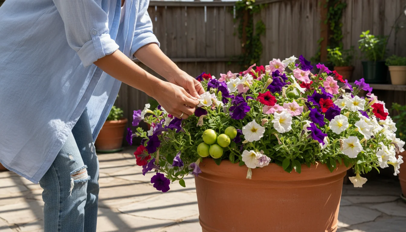 A person's hands gently deadheading a vibrant petunia plant in a ceramic pot on a sun-dappled patio, with other container gardens in the background.