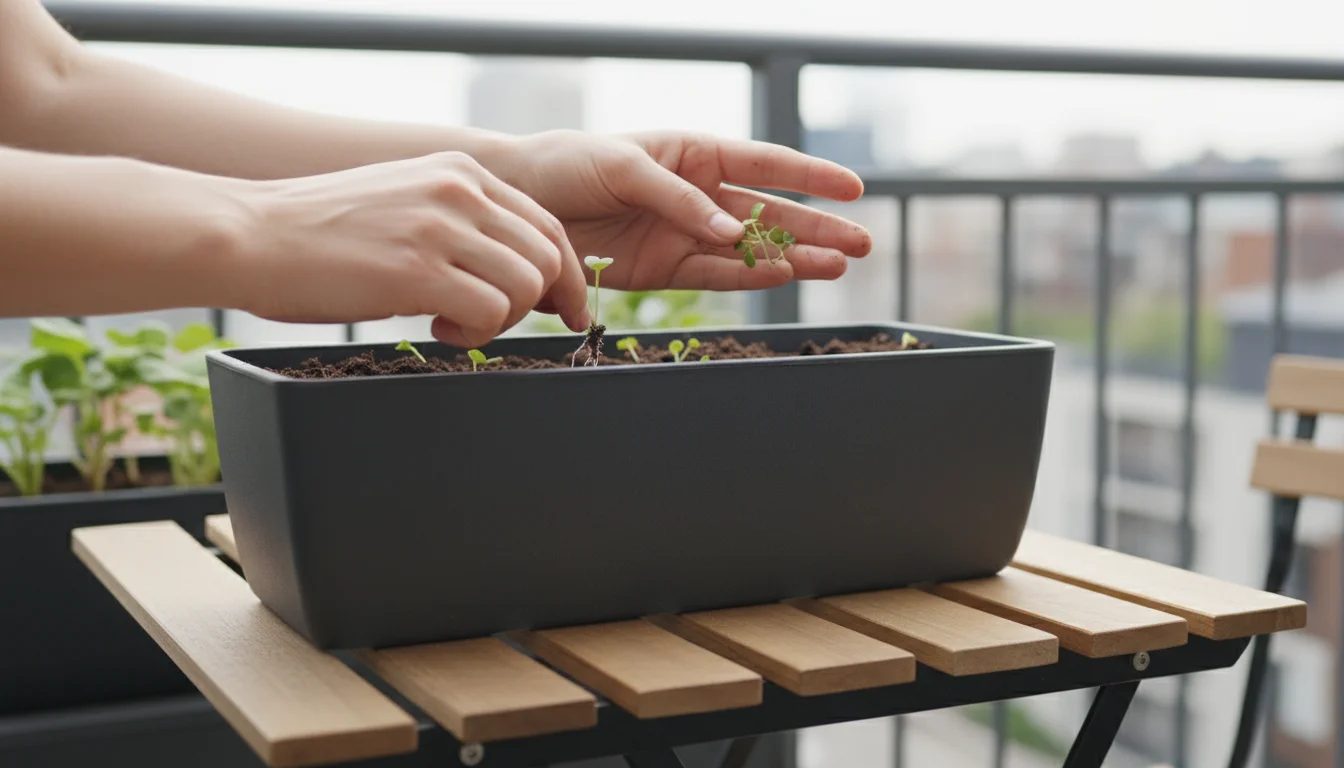 A person's hands delicately thin young turnip seedlings in a long, dark gray container planter on an urban balcony. Tiny green turnip leaves, just rem
