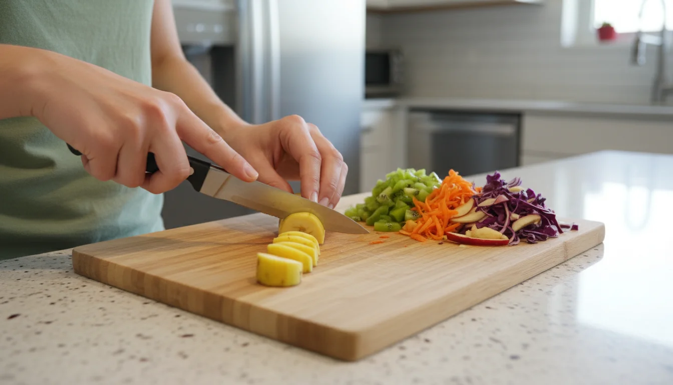 Person's hands dicing a banana peel on a cutting board, surrounded by chopped vegetables, crushed eggshells, and coffee grounds.