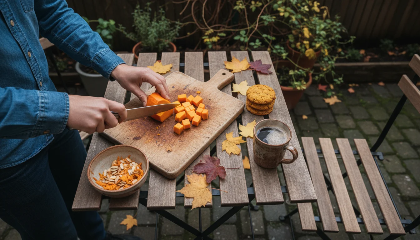 A person's hands are dicing vibrant orange pumpkin flesh into small cubes on a cutting board on a wooden patio table, with seeds nearby.