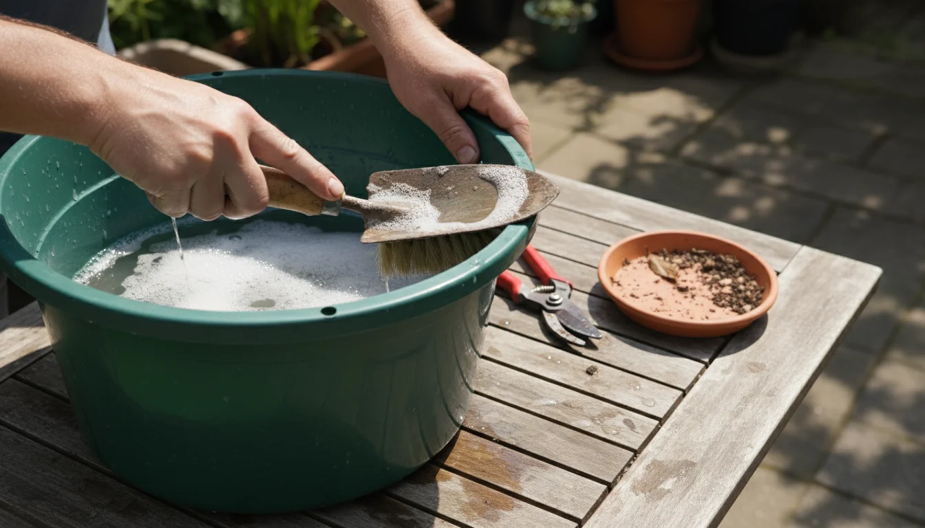 A person's hands diligently scrubbing a dirty garden trowel in a bucket of soapy water on a patio table, with pruning snips and disinfectant nearby.
