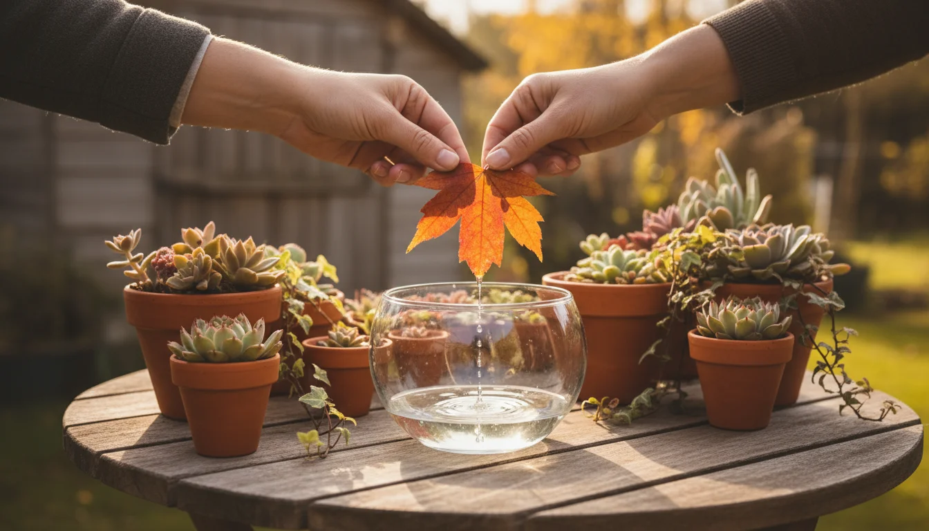 A person's hands dipping a colorful fall leaf into a bowl of melted wax, with wax dripping off, on a kitchen counter.