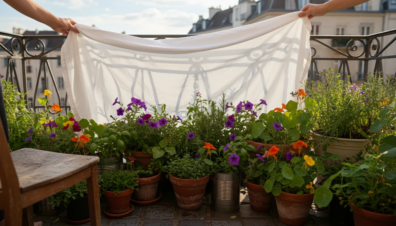 Person's hands carefully draping a white bed sheet over various potted balcony plants, preparing them for an unexpected spring frost.