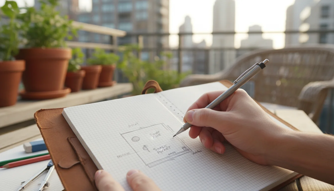 A person's hands are drawing a balcony layout diagram on graph paper with a pencil, showing fixed elements and microclimate zones.