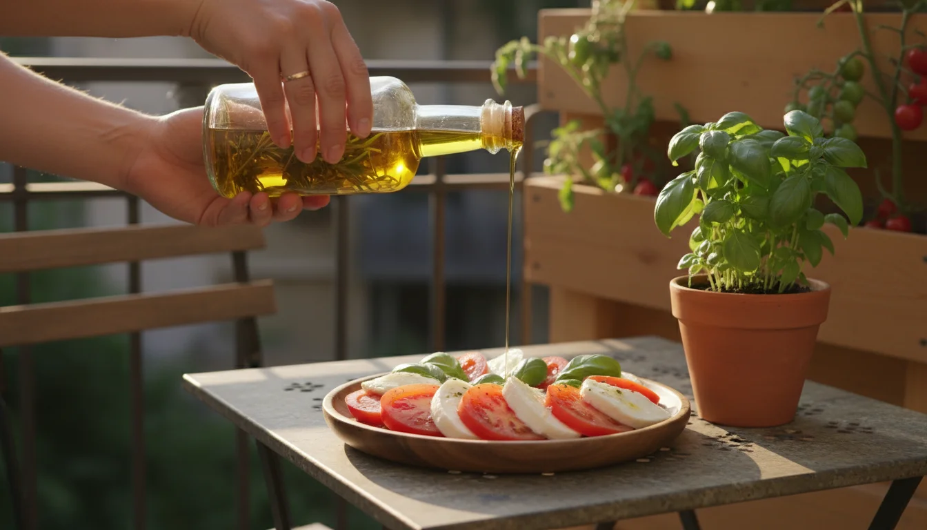 A person's hands drizzle herb-infused oil onto a colorful caprese salad on a balcony table with a basil pot nearby.