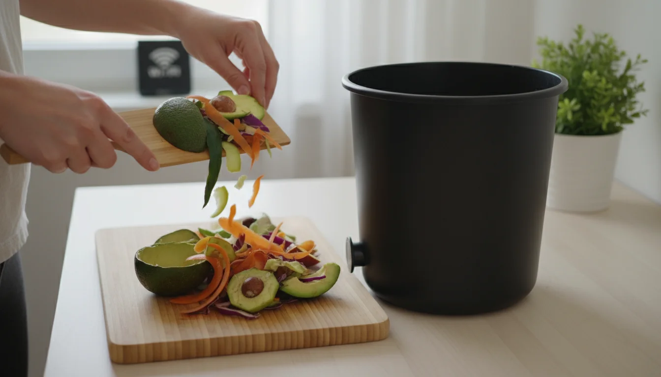 Person's hands dropping colorful fruit and vegetable scraps from a bamboo cutting board into an open matte black bokashi bucket on a light kitchen cou