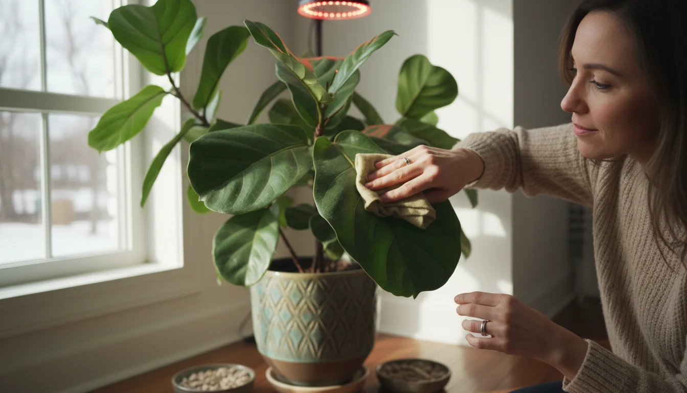 Person's hands gently dusting a large, green houseplant leaf in a sunlit room, with other potted plants and a spray bottle in the background.