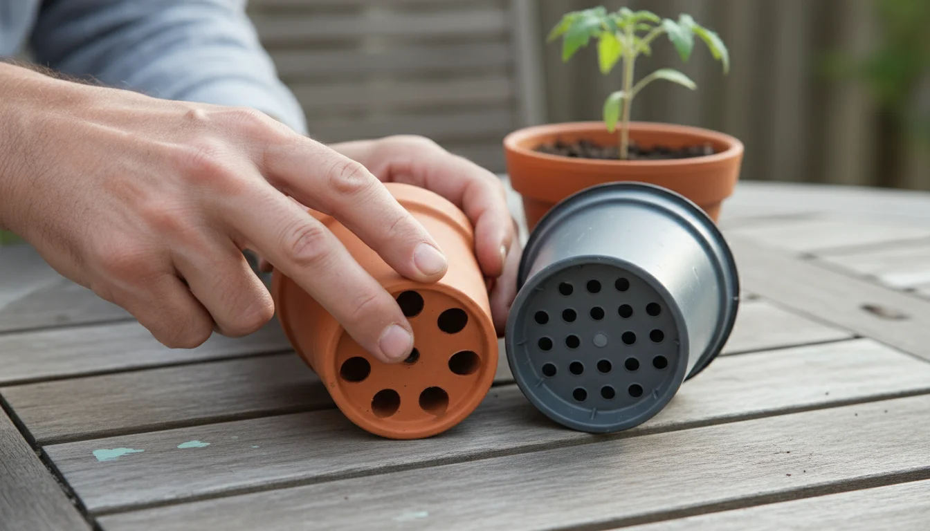 A person's hands examine the drainage hole of a small terracotta pot. A plastic pot and a sprouted avocado pit are nearby on a patio table.