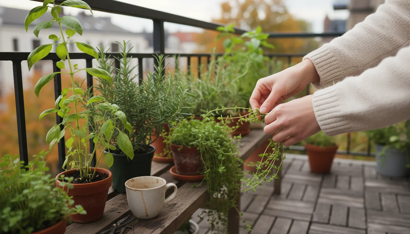 Person's hands gently examine leggy basil in a terracotta pot on a small balcony, surrounded by various other potted herbs.