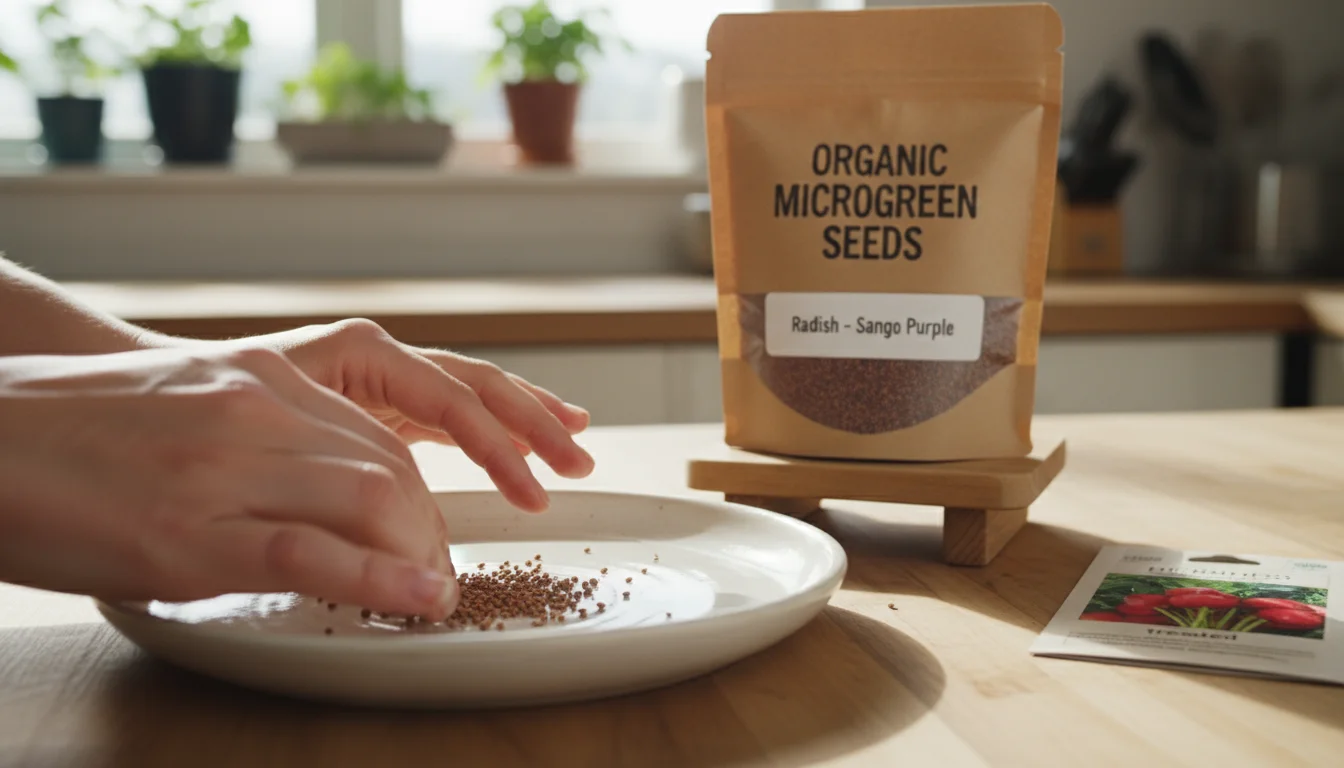 Person's hands examine organic radish microgreen seeds on a plate, with a bulk seed bag and a blurred standard garden seed packet on a bright kitchen