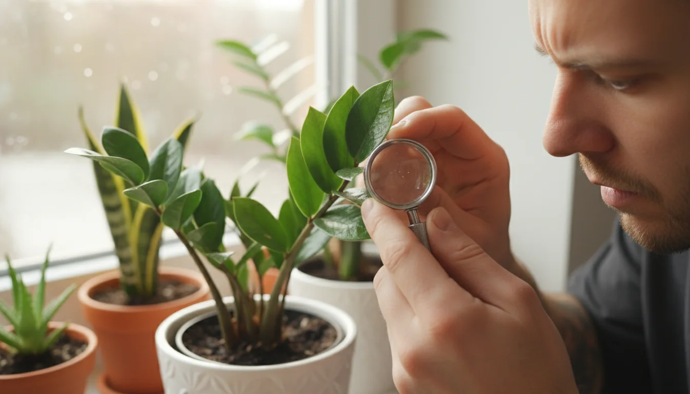A person's hands examine a ZZ plant leaf with a magnifying glass on a windowsill, other plants blurred in background.