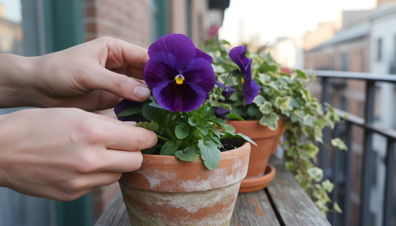 A person's hands gently examine a purple pansy bloom in a terracotta pot on a wooden balcony railing.