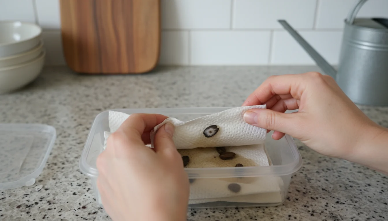 A person's hands gently examine a small plastic container of damp paper towels and seeds, looking closely for sprouts or issues.