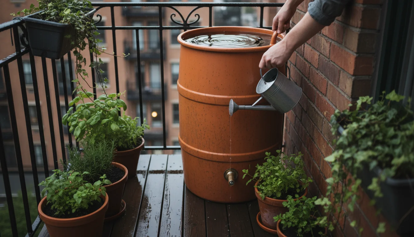 Person's hands filling a metal watering can from a compact rain barrel on a small, plant-filled urban balcony after rain.