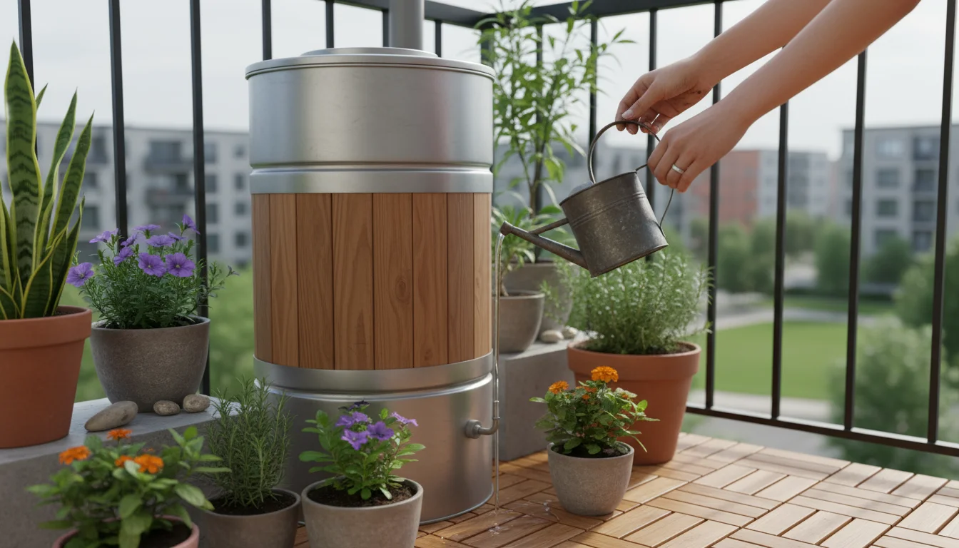Person's hands filling a small metal watering can from a sleek rain barrel on a compact balcony, surrounded by thriving potted plants.