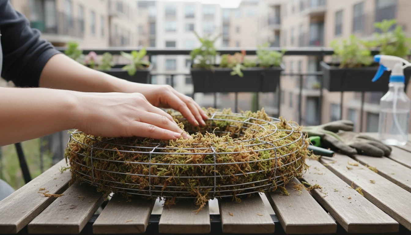 A person's hands firmly pack damp sphagnum moss into a wire wreath frame on a wooden table, filling it evenly.