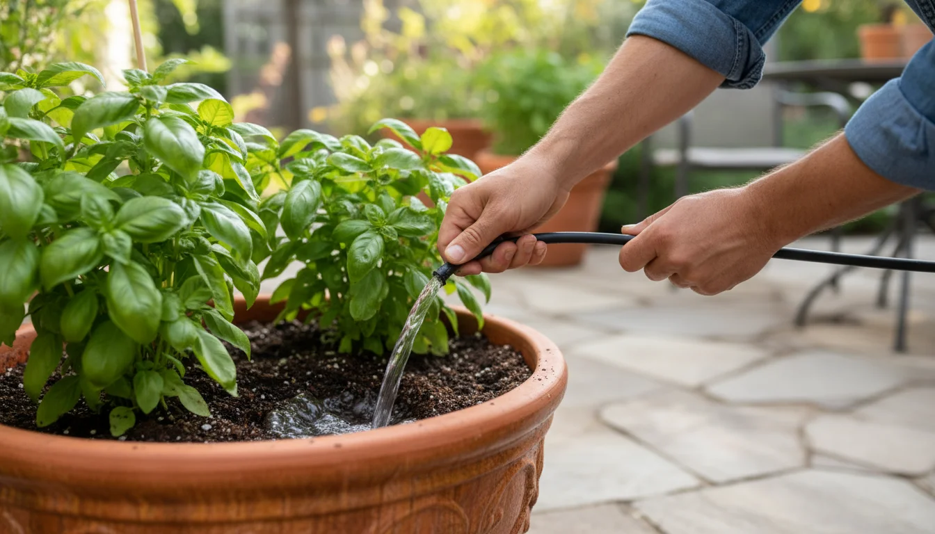 Person's hands flushing a drip irrigation line into a large terracotta pot filled with basil on a sunny patio, water visibly gushing.
