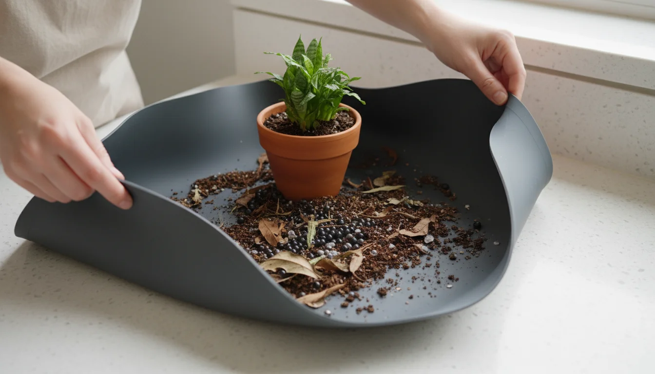 A person's hands fold the corners of a dark gray plant mat, gathering spilled soil and leaves around a small potted plant on a counter.