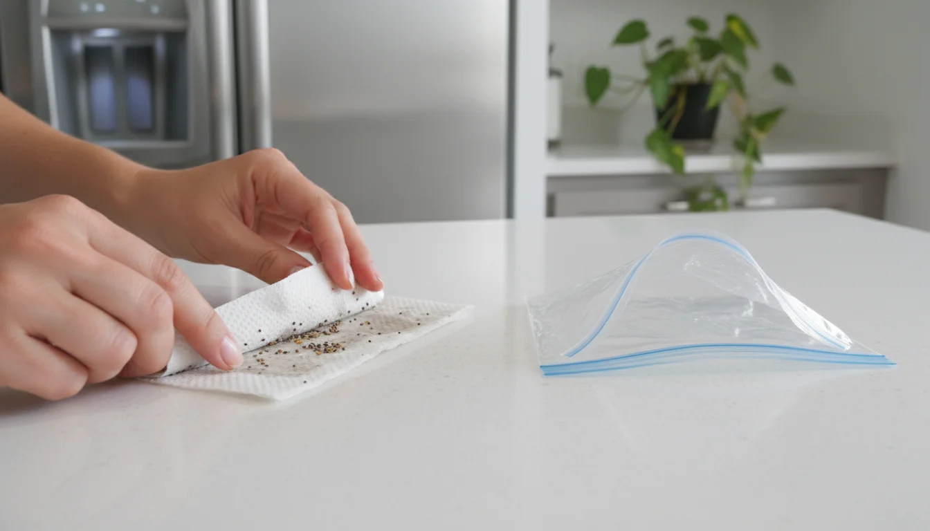 Person's hands fold a damp paper towel with tiny seeds on a kitchen counter, next to an open plastic bag. A refrigerator door is blurred in the backgr