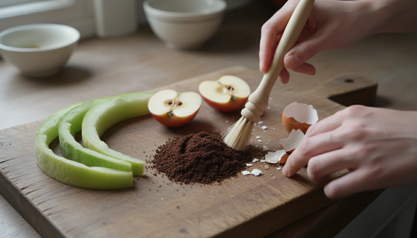 Person's hands gathering melon rinds, apple core, coffee grounds, and crushed eggshells on a cutting board, ready for a small compost bin.