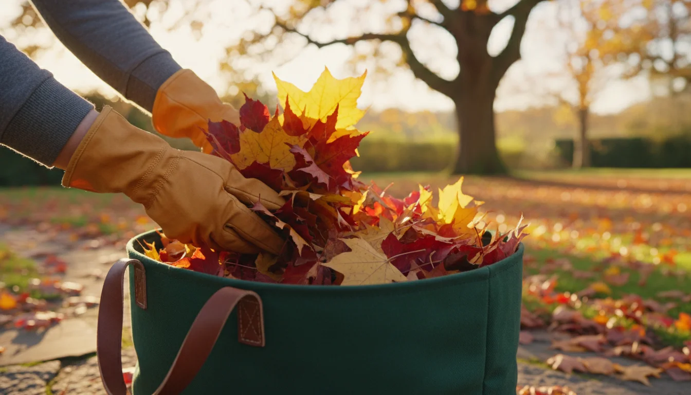 Person's hands gathering a pile of colorful fall leaves (red, gold, orange maples and oaks) into a green garden trug on a patio, with container plants