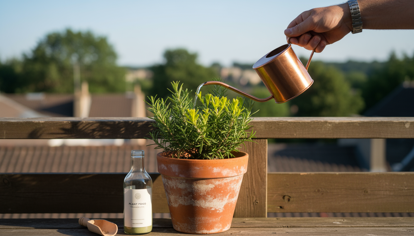 Person's hands gently tipping a plant from an old terracotta pot onto a newspaper-covered patio table with a new pot and soil visible.