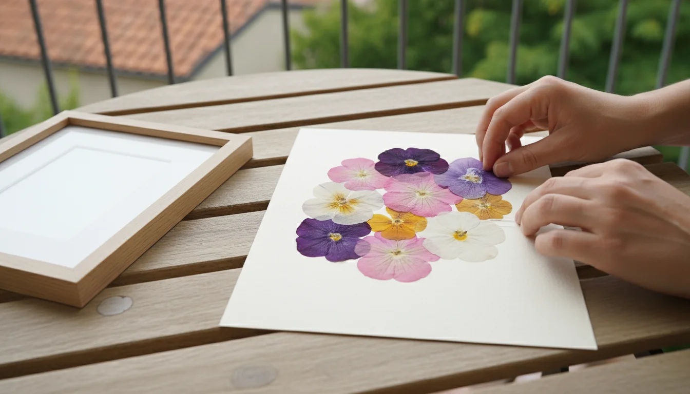 Person's hands gently glue vibrant pressed petunias onto cream cardstock on a balcony table, an empty wood frame nearby.
