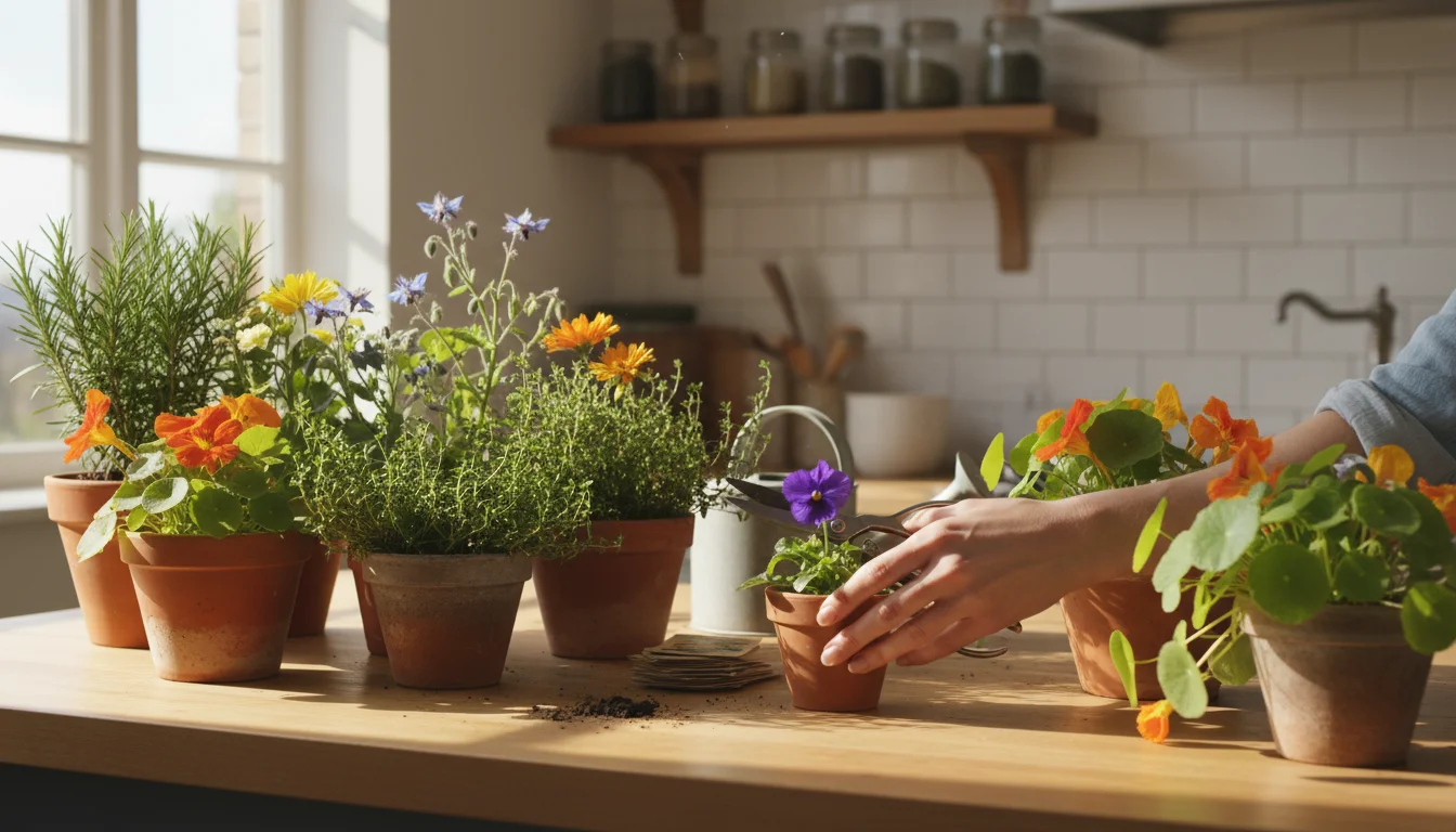 Person's hands gently harvest a purple viola bloom from a small pot on a sunlit kitchen island, surrounded by other herbs.