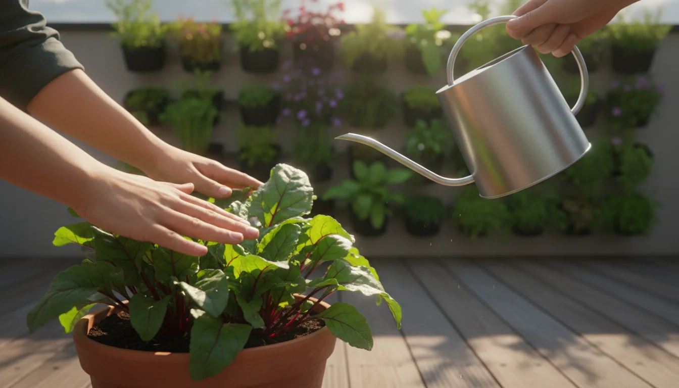 Person's hands gently tending to healthy beet greens in a deep terracotta pot on a sunny urban balcony.