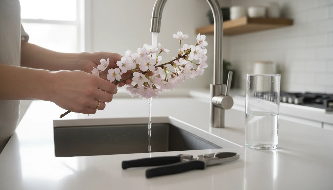 Person's hands hold a forced cherry blossom branch over a kitchen sink with running water, alongside a vase of blooms and pruning shears.