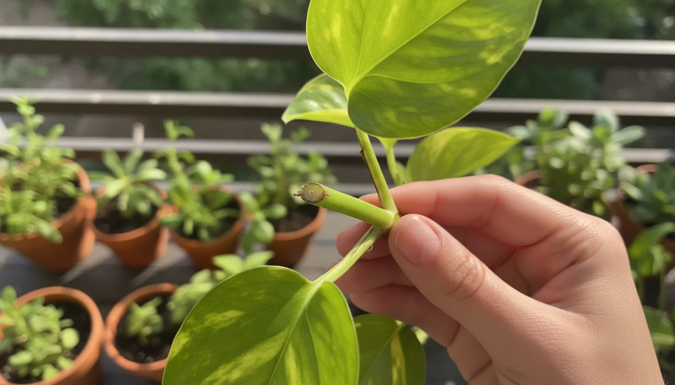 A person's hands carefully hold a healthy, freshly cut Pothos stem, featuring a clean cut end and a visible node, set against a softly blurred backgro