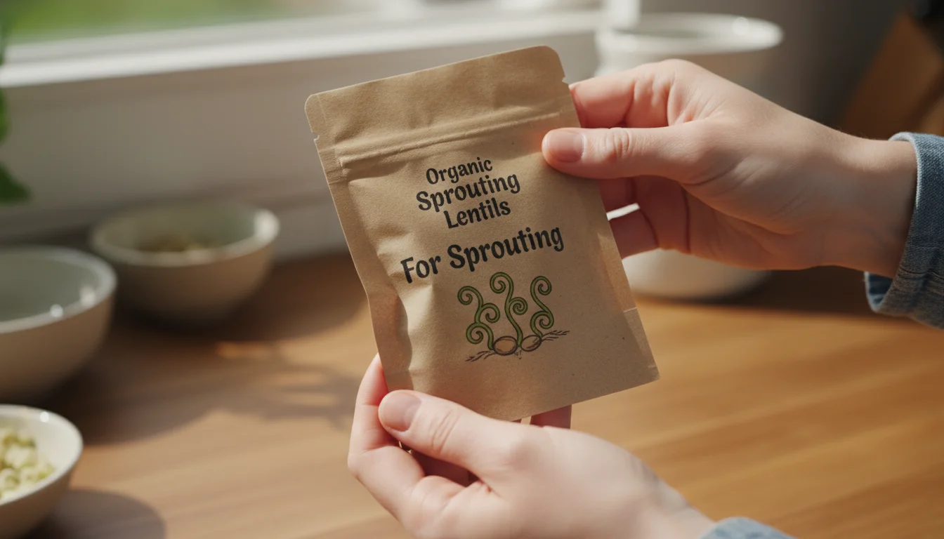 A person's hands hold a packet of organic sprouting lentils over a wooden table, with jars of dried beans in the blurred background.