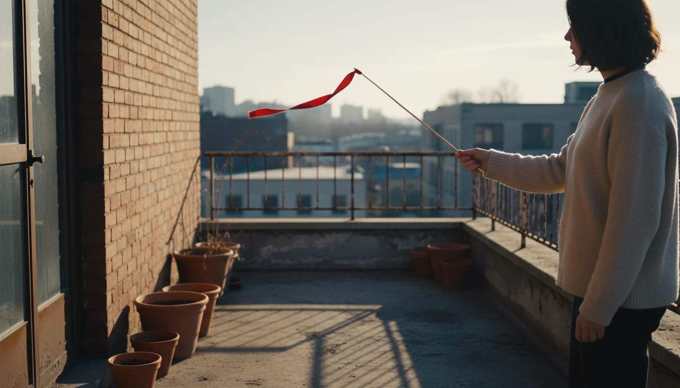 A person's hands hold a red ribbon on a stick, observing its gentle flutter on a balcony with sunlit and shaded areas.