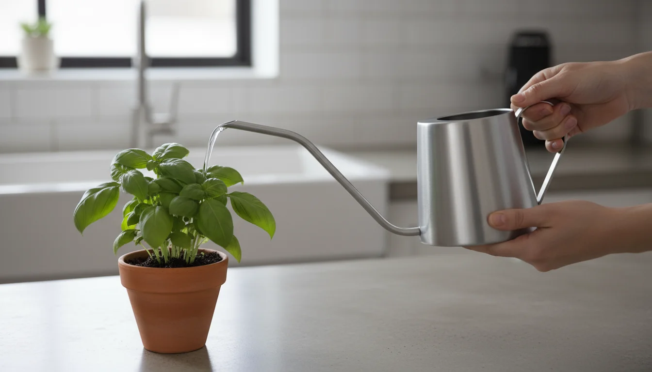A person's hands hold a sleek, silver watering can with a long spout, precisely watering a potted herb on a kitchen counter.