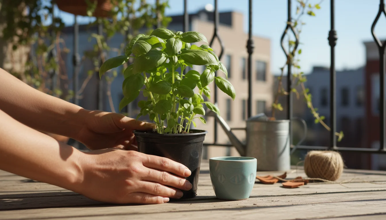 A person's hands hold a small basil plant in its nursery pot next to a tiny decorative pot, while eyeing a larger, more suitable pot on a sunny balcon