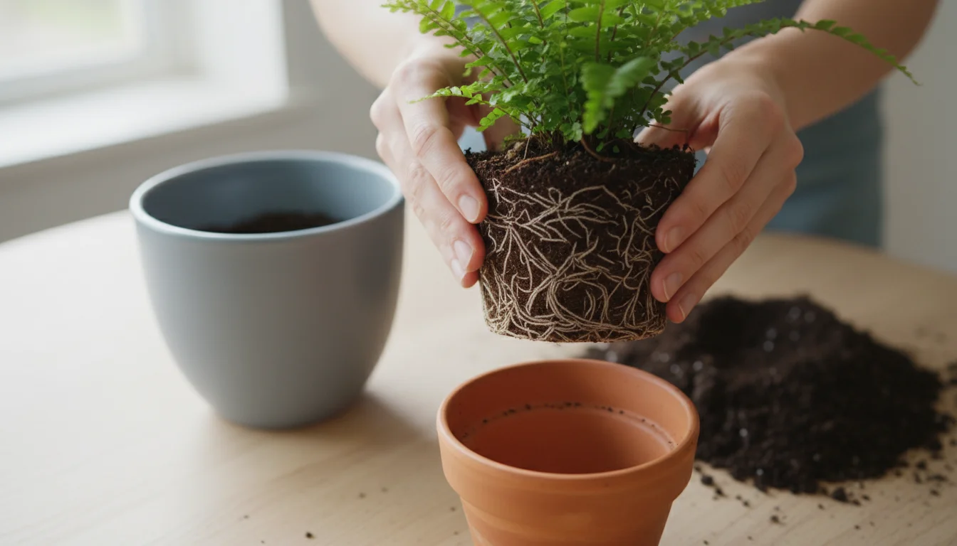 A person's hands hold a small plant, its roots tightly circling the soil ball after being removed from a terracotta pot.