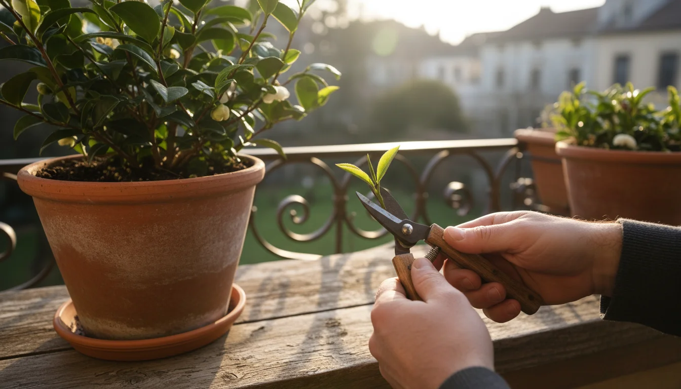 A person's hands hold small snips, carefully poised to cut a new tea plant shoot (flush) in a terracotta pot on a balcony.