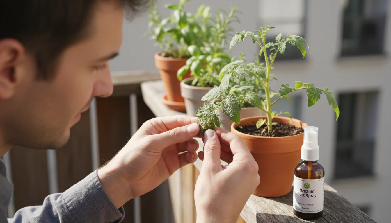 Person's hands gently hold a small tomato plant leaf on a balcony, inspecting it for powdery mildew. Other healthy plants blur in background.