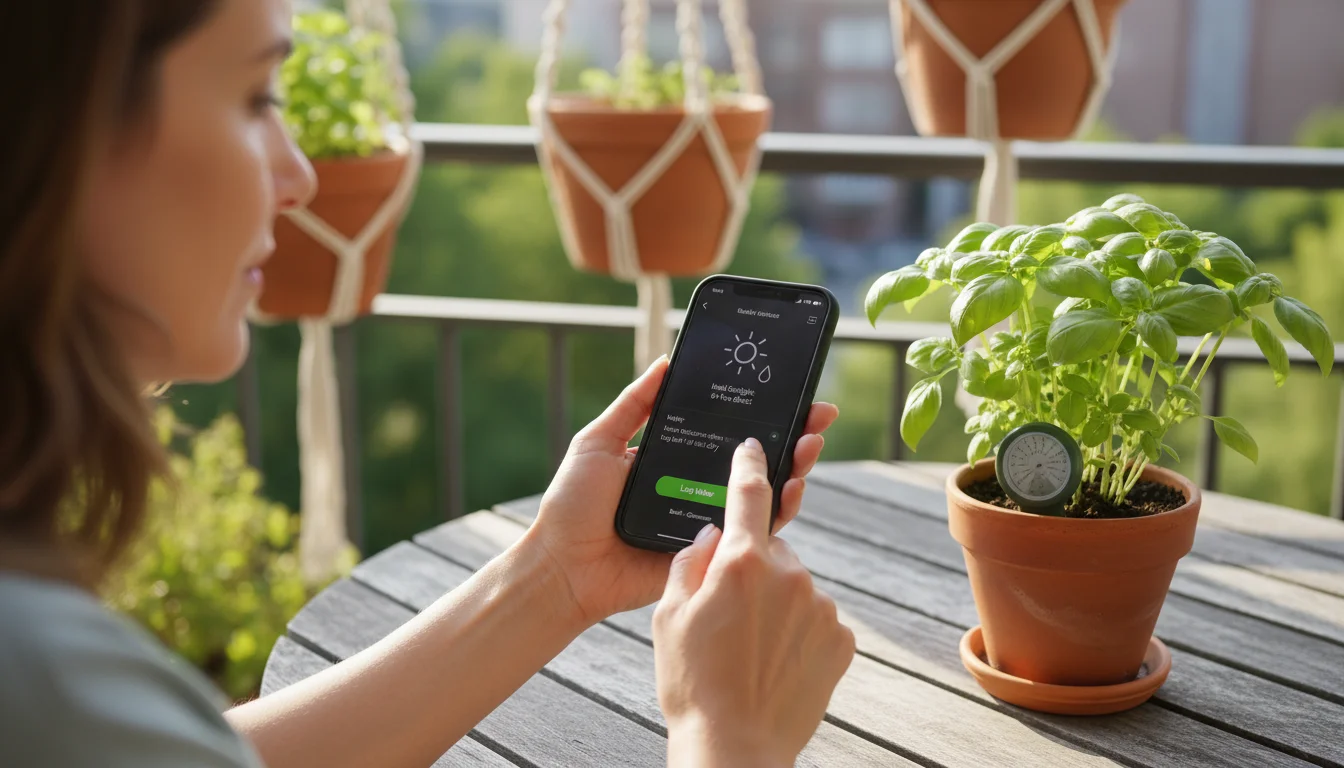 A person's hands hold a smartphone displaying a plant care app, positioned next to a small potted herb on a wooden balcony table.