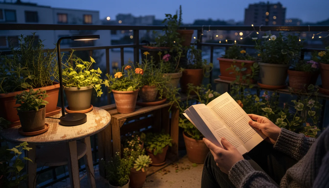 Person's hands holding a book on a container-filled urban balcony at twilight, illuminated by a focused rechargeable table lamp. Soft string lights gl