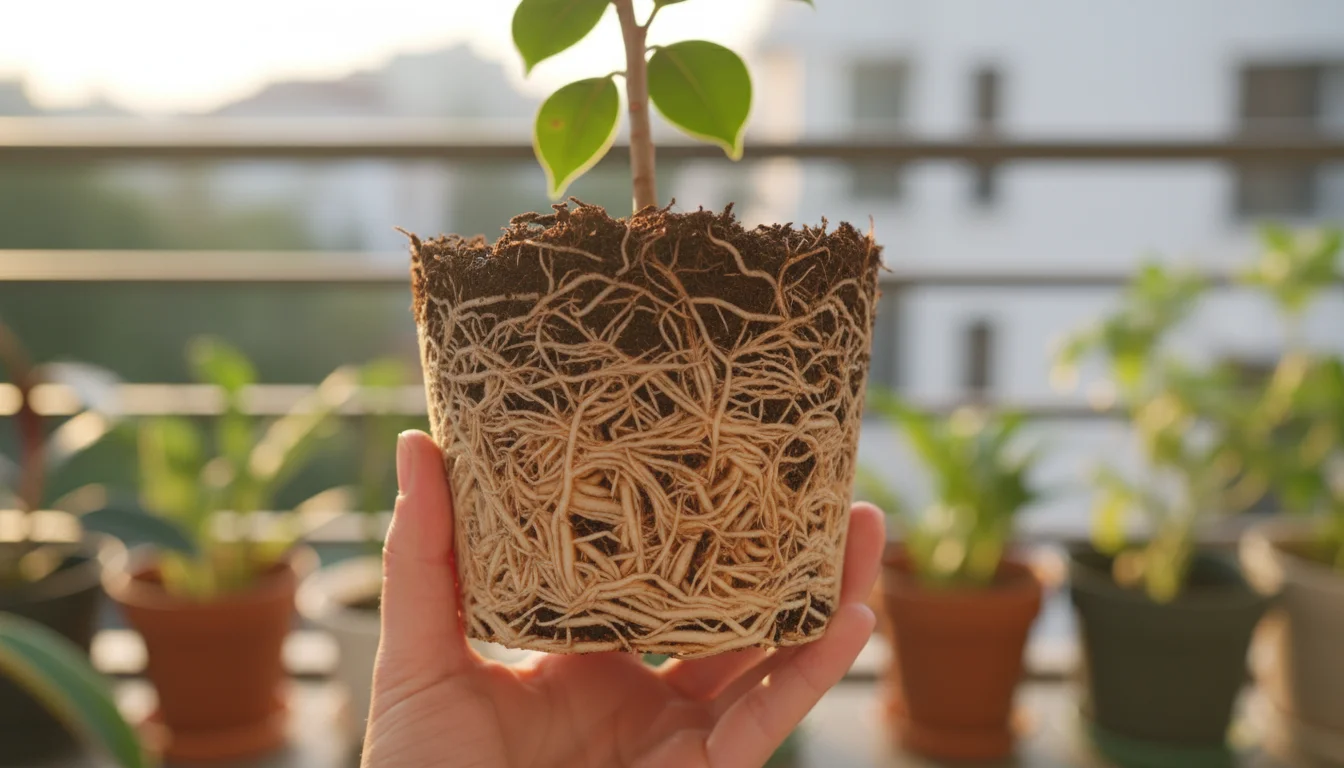 Person's hands holding a Ficus Audrey's root-bound rootball, showing dense, circling roots after being lifted from its pot.