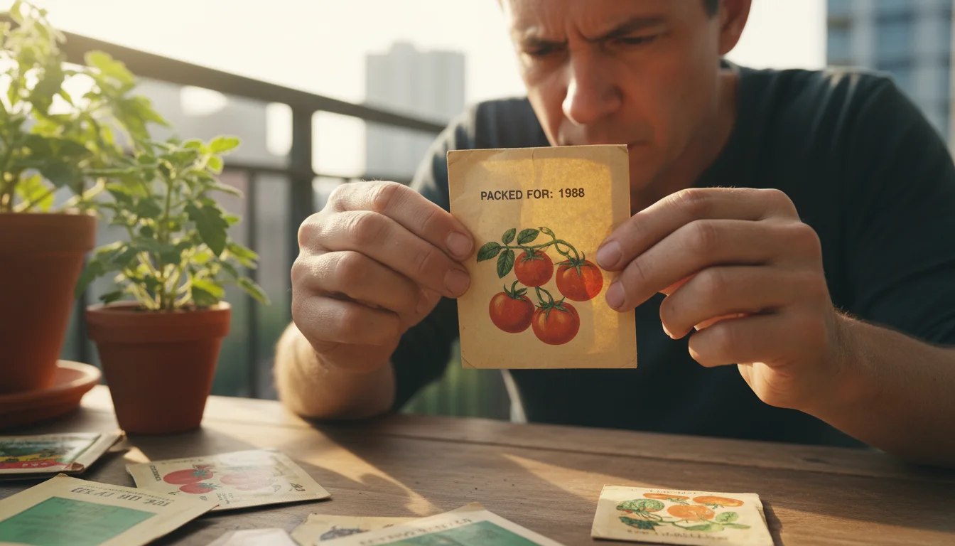 Person's hands holding an old seed packet up to read the small print, with more packets and blurred plants in the background.