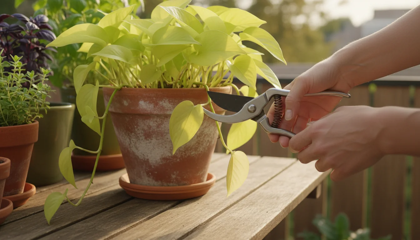 A person's hands holding sharp, clean pruning shears, about to cut a yellowing leaf from a potted pothos plant on a balcony table.