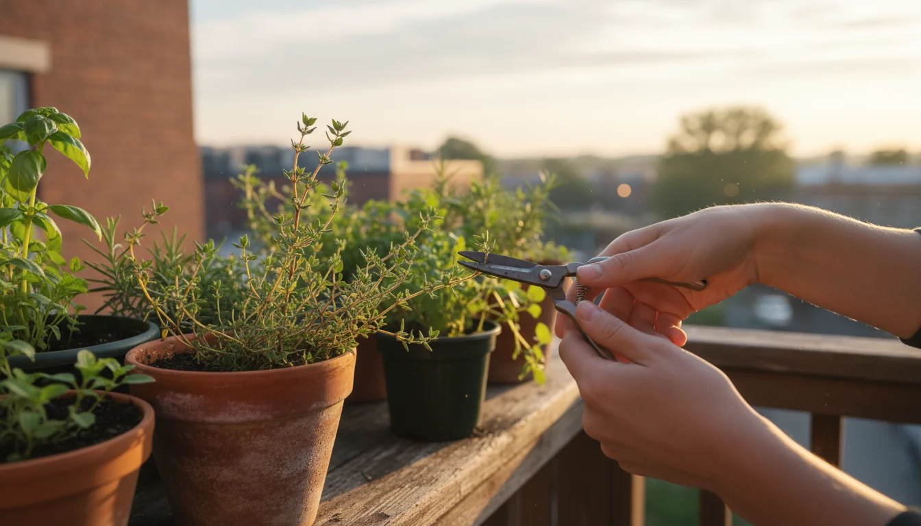 A person's hands, holding small snips, cut a fresh thyme sprig from a terracotta pot on a balcony railing, bathed in morning light.