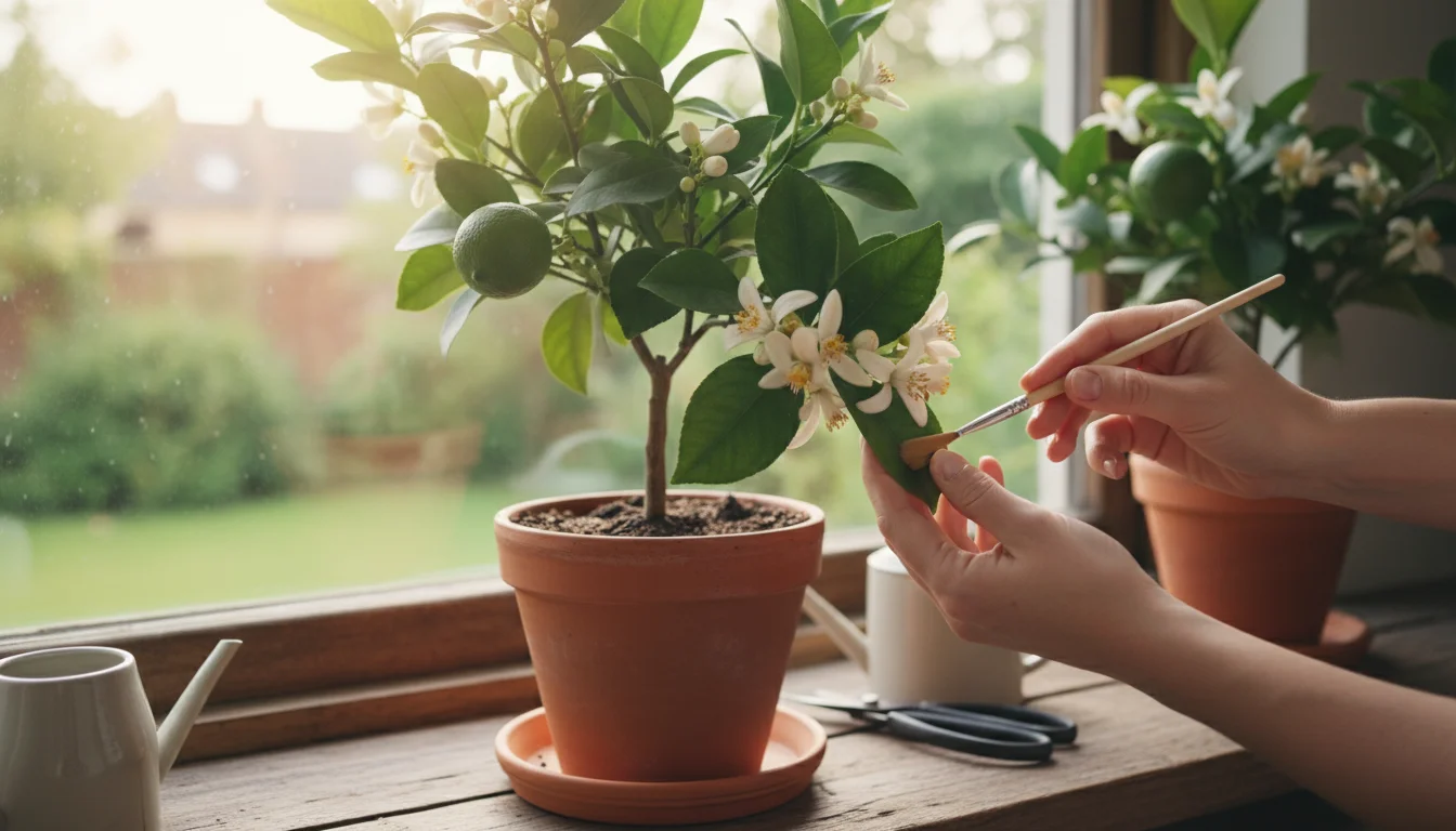 A person's hands holding a small, soft brush, gently pollinating white flowers on a compact potted lemon tree situated near a window.