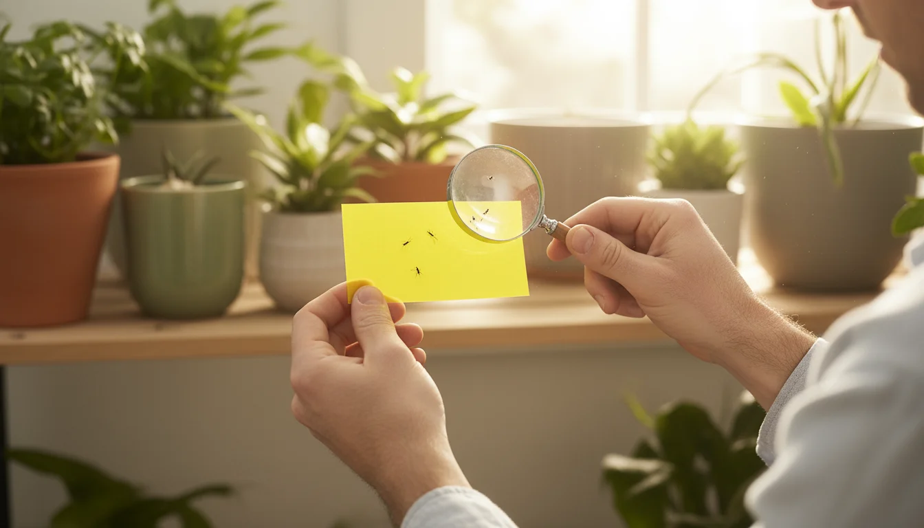A person's hands holding a yellow sticky trap with various tiny insects caught, a magnifying glass positioned above it.