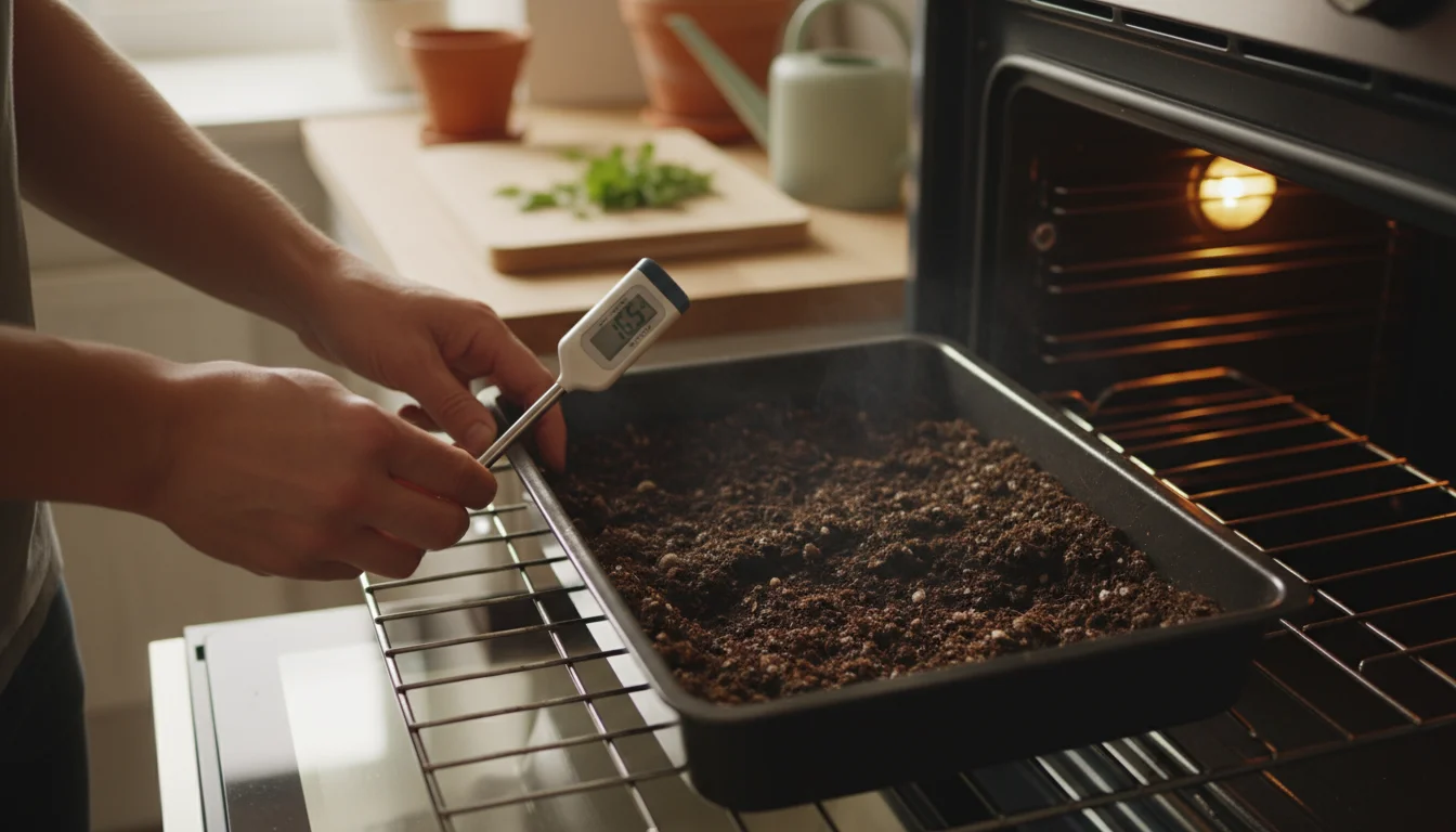 A person's hands insert a meat thermometer into a pan of dark potting mix inside a partially open oven in a home kitchen.