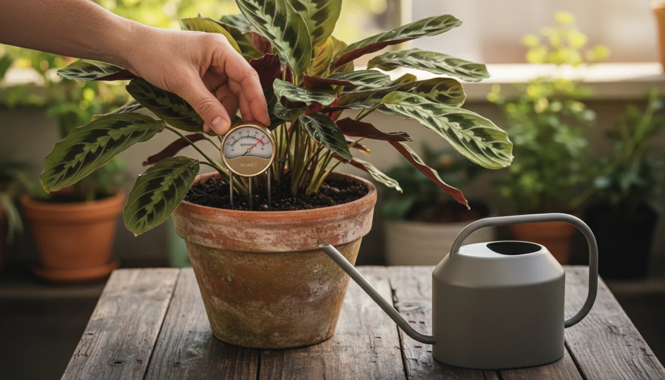 A person's hands insert a moisture meter into a prayer plant in a terracotta pot, with a long-spout watering can nearby.